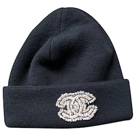 Chanel-NEU Chanel CC Schwarz 100% Beanie-Mütze aus Kaschmir-Schwarz
