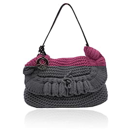 Fendi-Pink Wool Knit Crocheted Chef Shoulder Flap Bag Handbag-Pink