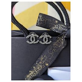 Chanel-CC A13C Logo Ruthenium Crystal BHW Coco Mark Earrings Box-Black