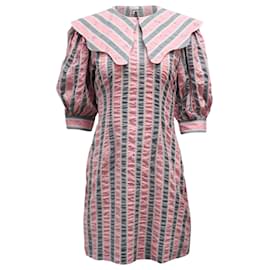 Ganni-Ganni Gestreiftes Kleid mit übertriebenem Kragen aus rosa Bio-Baumwolle-Andere