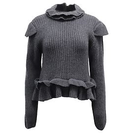 Ganni Cut-out Gerippter Pullover mit Rüschen aus grauer Wolle Grau