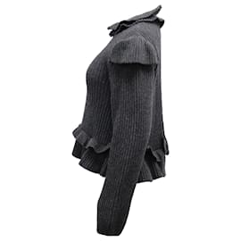 Ganni-Ganni Cut-out Gerippter Pullover mit Rüschen aus grauer Wolle-Grau