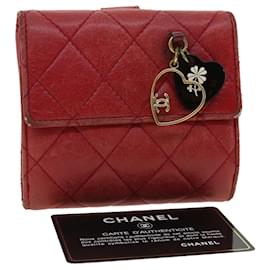 Chanel-CHANEL Matelasse PORTE BONHEUR Portefeuille Agneau Rouge CC Auth ti720-Rouge