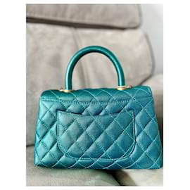 Chanel-Small Coco Top Handle in Metallic Iridescent Mermaid Blue Caviar Leather Flap.-Blue