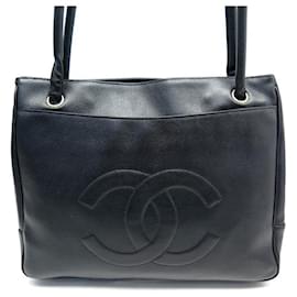 Chanel-VINTAGE CHANEL CABAS SHOPPING LOGO CC IN CAVIAR LEATHER HAND BAG-Black