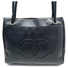 Chanel-VINTAGE SAC A MAIN CHANEL CABAS SHOPPING LOGO CC EN CUIR CAVIAR HAND BAG-Noir