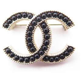 NEUE CHANEL BROSCHE LOGO CC UND SCHWARZE PERLEN IN GOLDENER METALLBROSCHE Golden