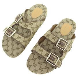 Gucci-NINE GUCCI STRAPS MULES SHOES 10 44 MONOGRAMMED CANVAS GG SANDALS-Brown