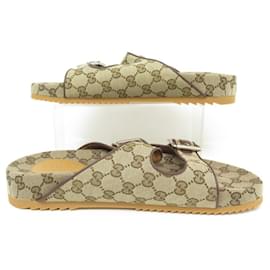 Gucci-NINE GUCCI STRAPS MULES SHOES 10 44 MONOGRAMMED CANVAS GG SANDALS-Brown
