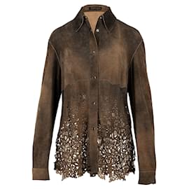 Roberto Cavalli-Roberto Cavalli Roberto Cavalli Laser-Cut Leather Shirt-Brown