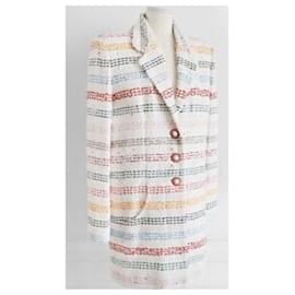 Chanel-Chanel 19P, 19S 2019 Spring Summer Runway Stripe White and Multicolor Long Oversized Fit Cotton Tweed Jacket Coat!-White,Multiple colors