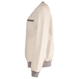 Brunello Cucinelli-Brunello Cucinelli Knit Bomber Jacket in Ecru Cotton-White,Cream