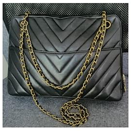 Chanel-chanel V-stich shoulder strap-Black,Golden