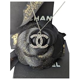 Chanel-CC B12A logo classic square crystal necklace in SHW box receipt-Silvery
