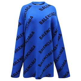 Balenciaga-Balenciaga Allover Logo Sweater in Blue Wool-Blue