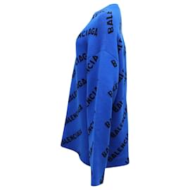 Balenciaga-Balenciaga Allover-Logo-Pullover aus blauer Wolle-Blau
