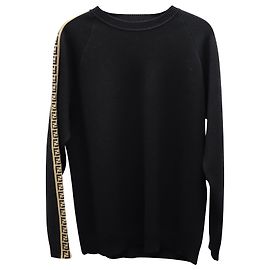 Fendi Pullover mit Seitenstreifen und FF-Logo aus schwarzer Wolle Schwarz