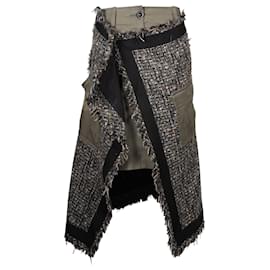 Sacai-Sacai Tweed Over Layered Skirt in Khaki Green Wool-Green,Khaki