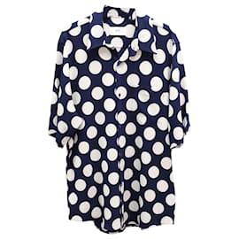 Autre Marque-Ami Paris  Polka Dot Short Sleeve Button Front Shirt in Navy Blue and White Viscose -Other