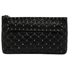 Valentino Garavani Rockstud Quilted Clutch Bag in Black Leather Black