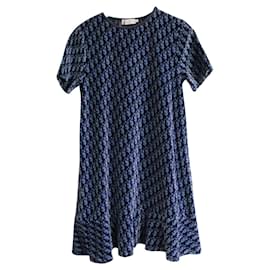 Dior-Dior Girl's Oblique Logo Velvet Dress-Blue,Navy blue,Dark blue