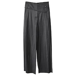 Emporio Armani-Emporio Armani Buttoned Asymmetric Waistband Wide Leg Trousers in Black Cotton-Black