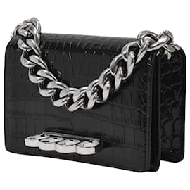 Alexander Mcqueen-Mini Four Ring Chain Bag in Black Leather-Black