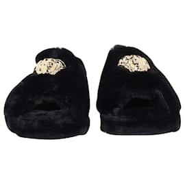 Versace-Versace Medusa-Plaque Open-Toe Slippers in Black Polyester-Black