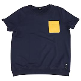 Fendi-Fendi T-shirt with Yellow Leather Pocket in Navy Blue Cotton-Blue,Navy blue