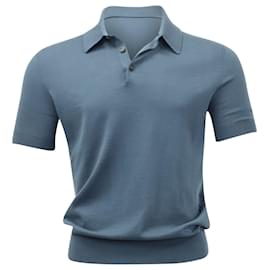 Ermenegildo Zegna-Ermenegildo Zegna Ribbed-knit Polo Shirt in Blue Cotton-Blue