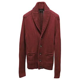 Tom Ford-Tom Ford Steve McQueen Shawl Collar Ribbed Cardigan in Burgundy Wool -Dark red