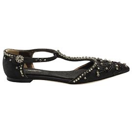 Dolce & Gabbana Crystal Embellished Lace T-strap Sandals in Black  Leather Black