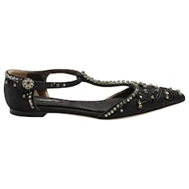 Dolce & Gabbana-Dolce & Gabbana Kristallverzierte T-Strap-Sandalen mit Spitze aus schwarzem Leder-Schwarz