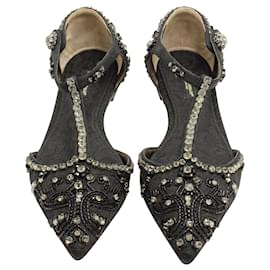 Dolce & Gabbana-Dolce & Gabbana Crystal Embellished Lace T-strap Sandals in Black  Leather-Black