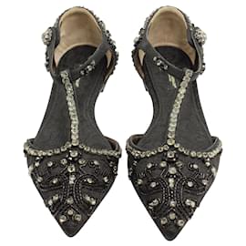 Dolce & Gabbana-Sandalias de cuero negro con correa en T y encaje adornado con cristales de Dolce & Gabbana-Negro