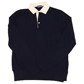Ralph Lauren-Ralph Lauren Purple Label Long Sleeve Polo Shirt in Navy Blue Cotton Wool-Navy blue