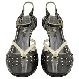Chanel-Black Laser Cut Heels with Faux Pearls-Black
