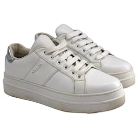 Prada-Prada Silver Logo Sneakers in White Leather -White
