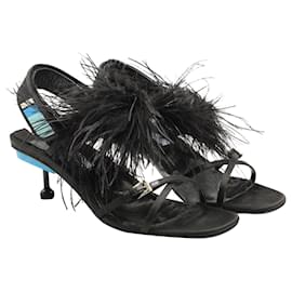 Prada-Prada Feather-Embellished Sandals in Black Satin-Black