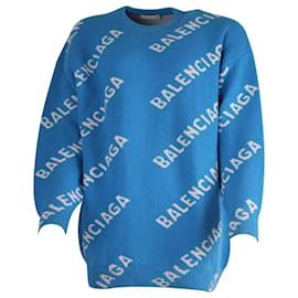 Balenciaga-Balenciaga Knitted Logo Print Sweater in Blue Wool-Blue