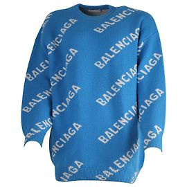 Balenciaga Strickpullover mit Logo-Print aus blauer Wolle Blau