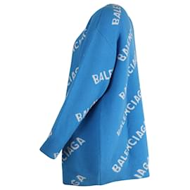 Balenciaga-Balenciaga Pull Tricoté Logo Imprimé en Laine Bleue-Bleu