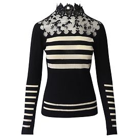 Ermanno Scervino Haut Pull Rayé Bordé de Dentelle en Noir Lana Vergine Noir