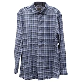 Ermenegildo Zegna-Ermenegildo Zegna Camisa de vestir a cuadros en algodón con estampado azul-Otro