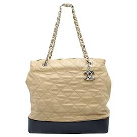 Chanel-Light Brown and Black Quilted Tote Bag in Silver Hardware-Brown