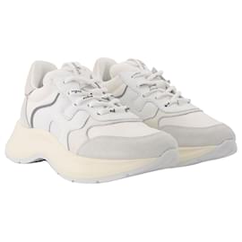 Hogan-H585 Sneakers Allacciato H Onda Bianche, Pelle beige e grigia-Bianco