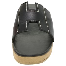 Hermès-HERMES Oran Sandals Leather Black Auth 33993-Black