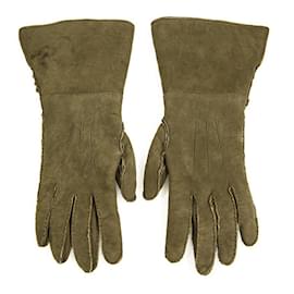 Chanel-Chanel khaki green suede leather and lambskin fur gloves with CC button size 7-Khaki