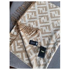 Fendi-Fendi FF-logo Wool-Cashmere scarf-Light brown