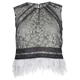 Self portrait-Self-Portrait Lace Tulle Overlay Feather Trim Top in Black Polyamide -Black